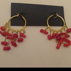 COOKIE LEE Red Coral Earrings Gold Tone Hoop Boho Dangles NWT